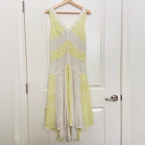 Anthropologie Leifnotes Yellow and Cream Embroidered V-Neck Dress - Size 4